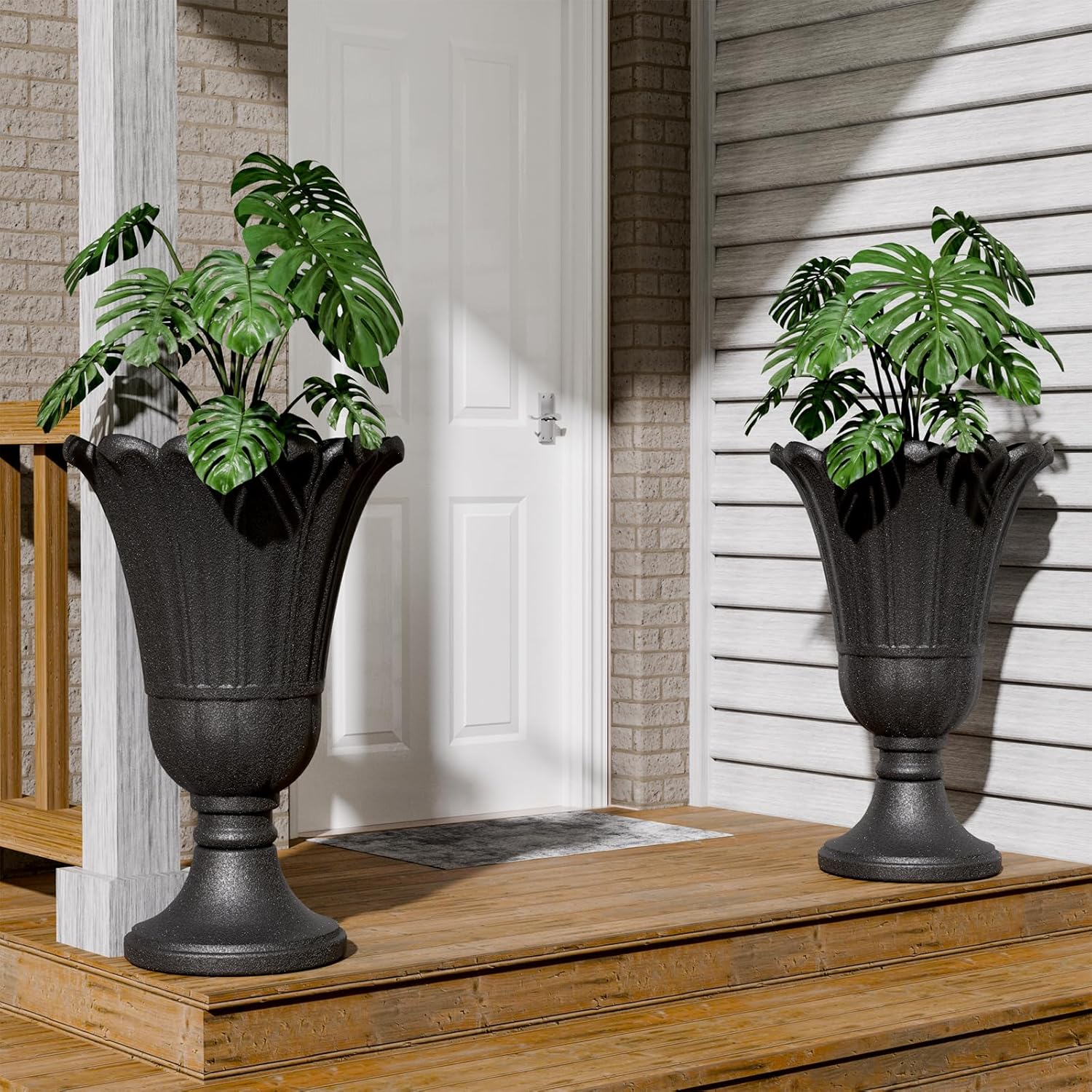 Tall Plastic Urn Planters and Pedestal - 24" Outdoor Planter Black | Weather-Resistant Plastics HDPE Material with
