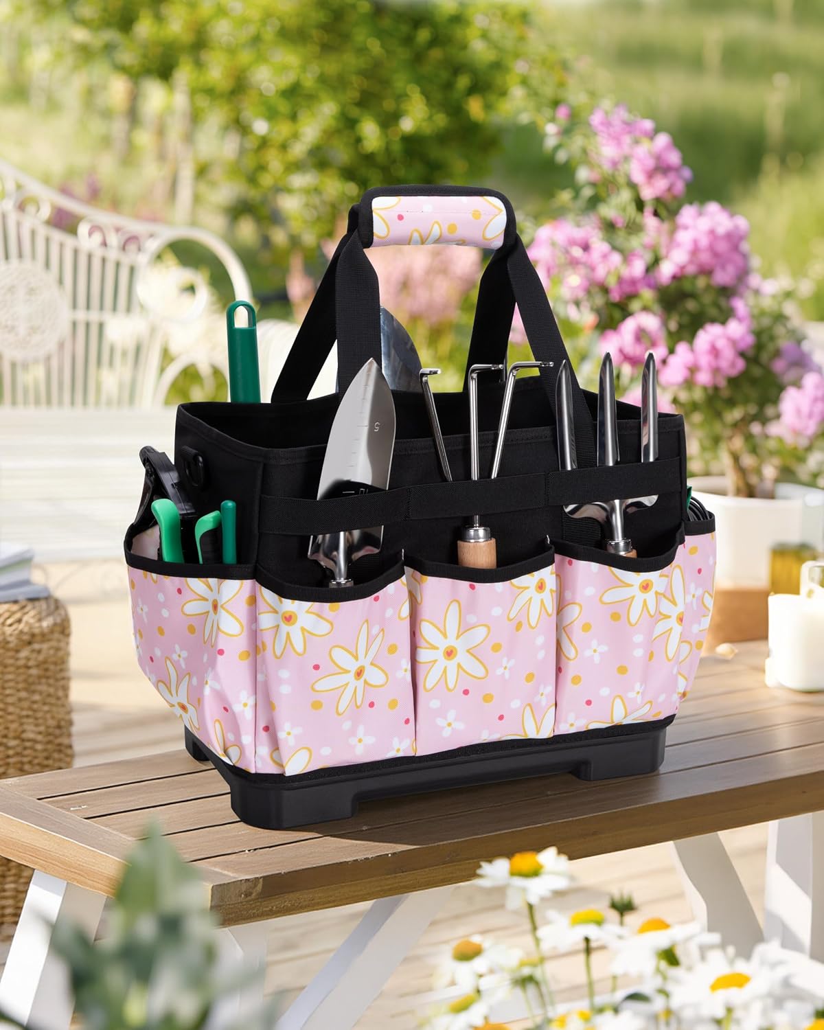 Marscamd Garden Tool Bag with Hard Bottom, Garden Tote with Shoulder Strap | Multiple Pockets, No Accessories Included