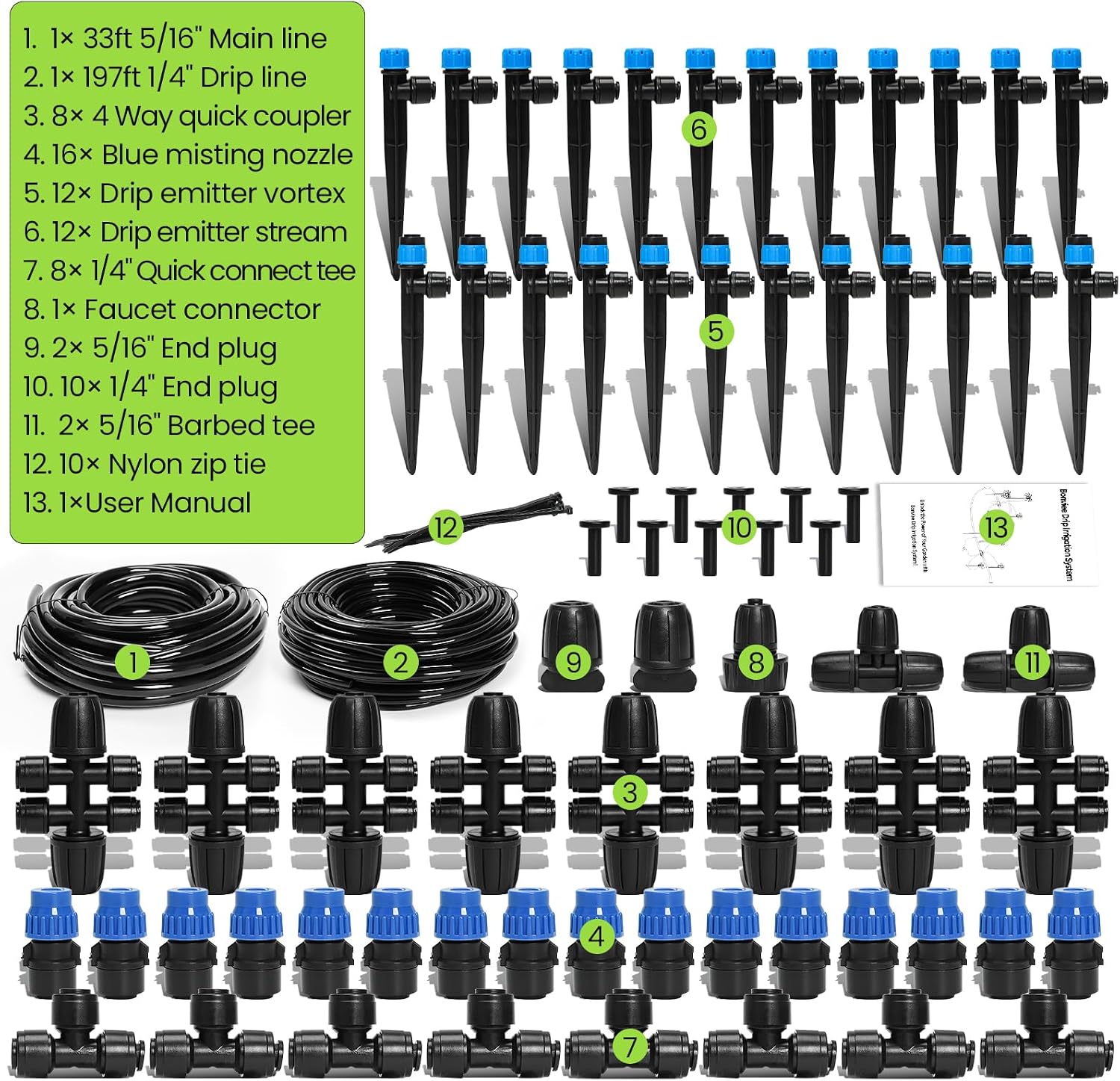 Drip Irrigation System Kit for Garden Watering, 230FT Quick Connect | For Garden, Raised Beds, Greenhouses, with 33FT