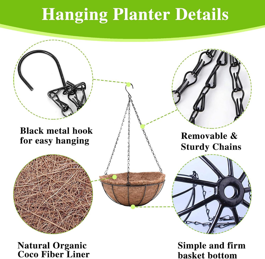 EIMQUVW 4 Pack Hanging Planter Basket Outdoor Large Hanging Flower Pots Indoor 12 inch with Coco Coir Liner Round Wire