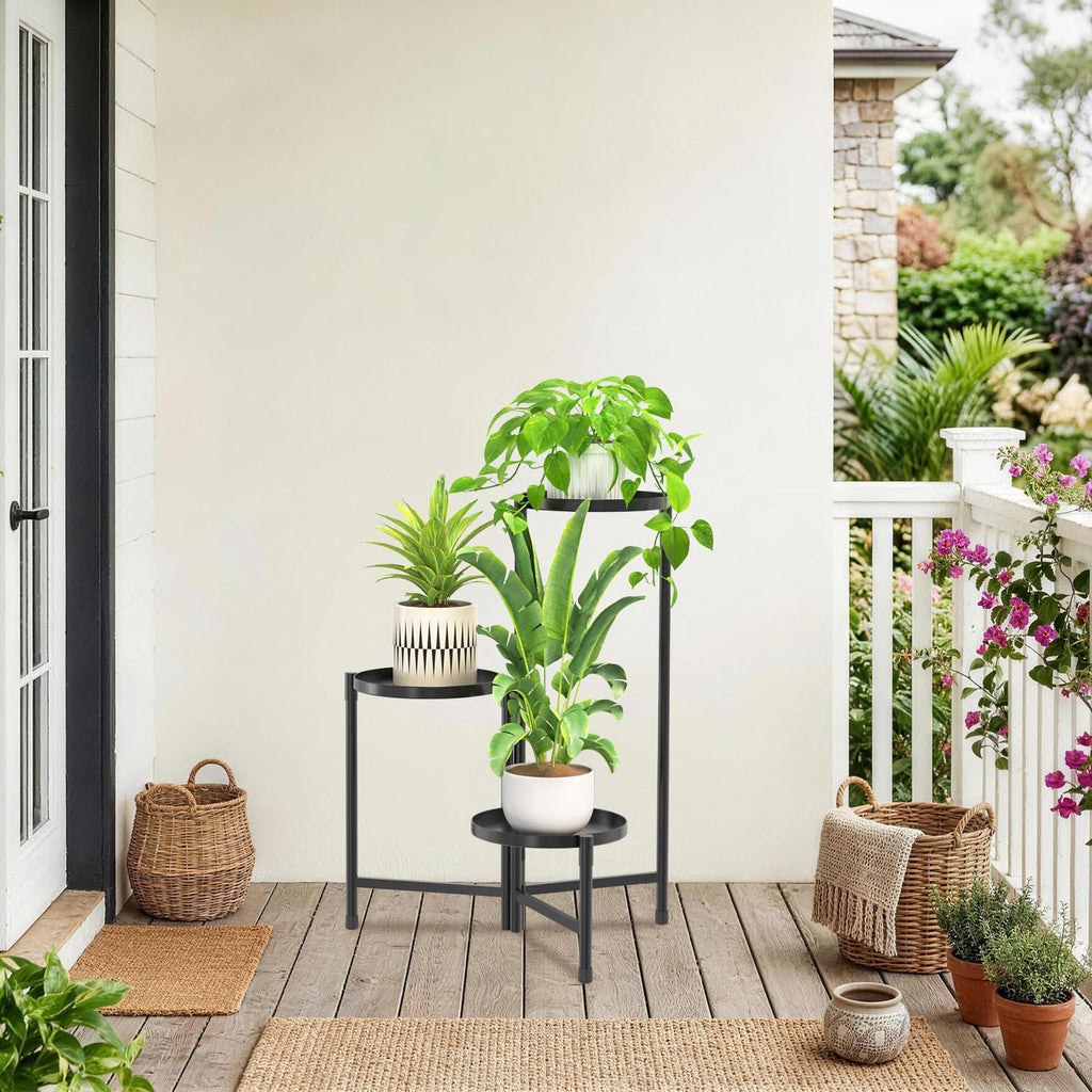 iDavosic.ly 3 Tier Large Plant Stand Indoor Outdoor, 10 In Wide Tray, Black | Tiered Metal Corner Heavy Duty Multiple