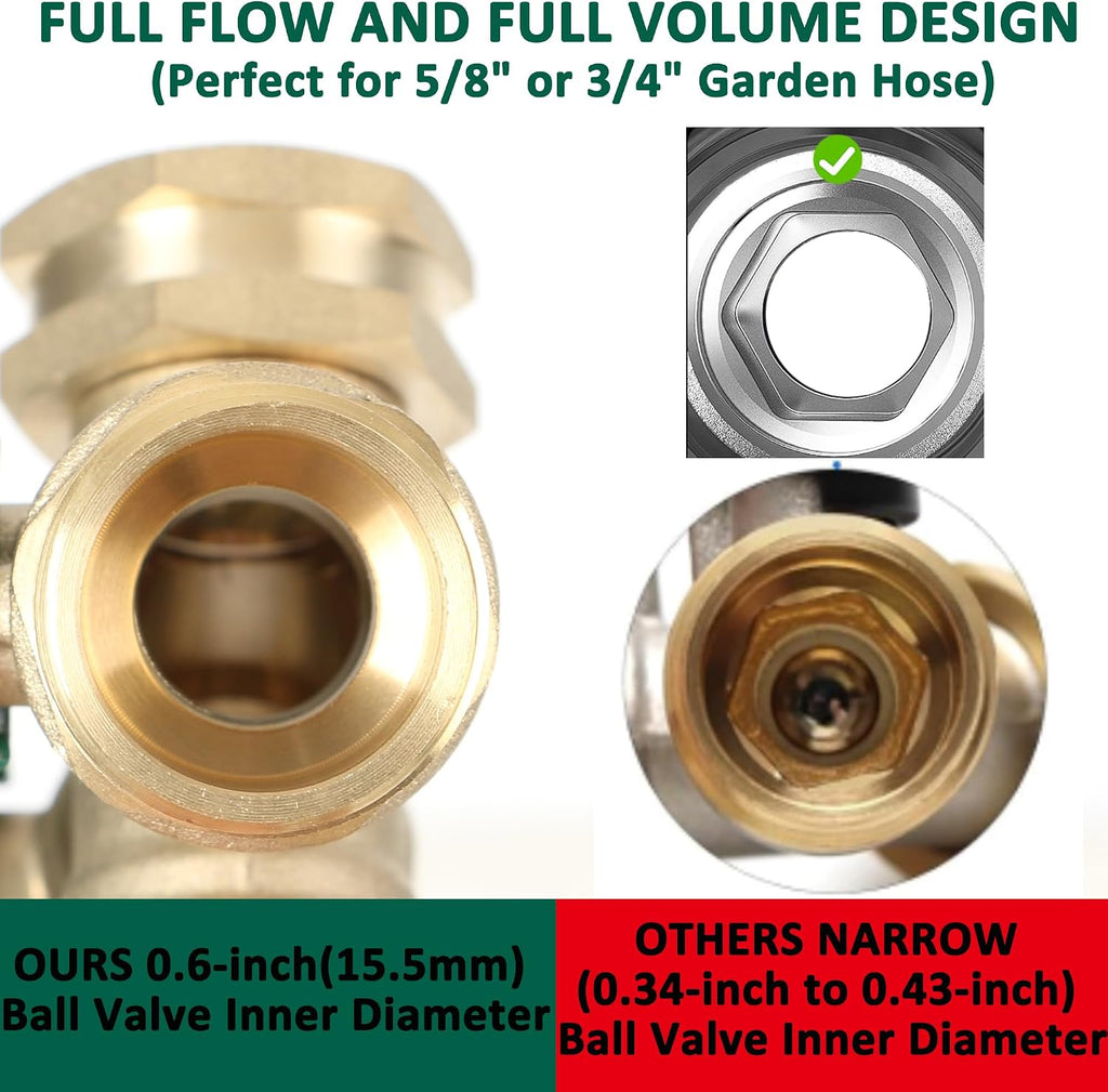 Full Flow 3-Way Garden Hose Splitter, Solid Brass High Volume 3 Way Hose Splitter Valve with Metal Handle, Heavy Duty