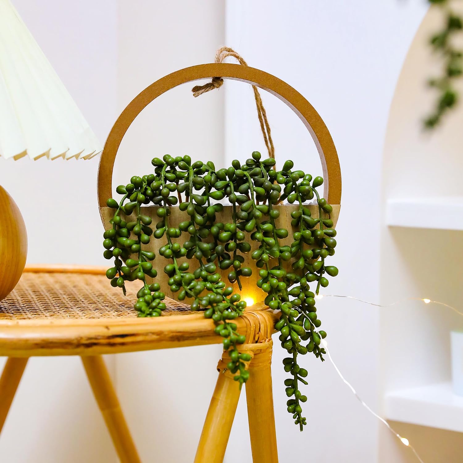 2pcs Artificial Succulents Hanging Plants 12.2'' Fake String of Pearls in Pot with 8.3'' Lanyard for Indoor Outdoor