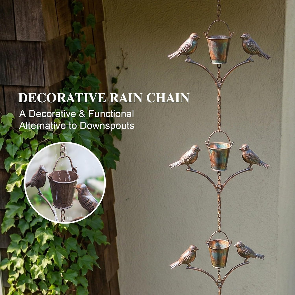 Topadorn 6.3 FT Rain Chain for Gutters, Metal Bird & Bucket, Bronze Finish | Decorative Gutter Chain with Bird and