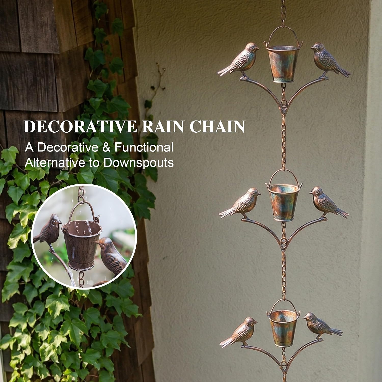 Topadorn 6.3 FT Rain Chain for Gutters, Metal Bird & Bucket, Bronze Finish | Decorative Gutter Chain with Bird and