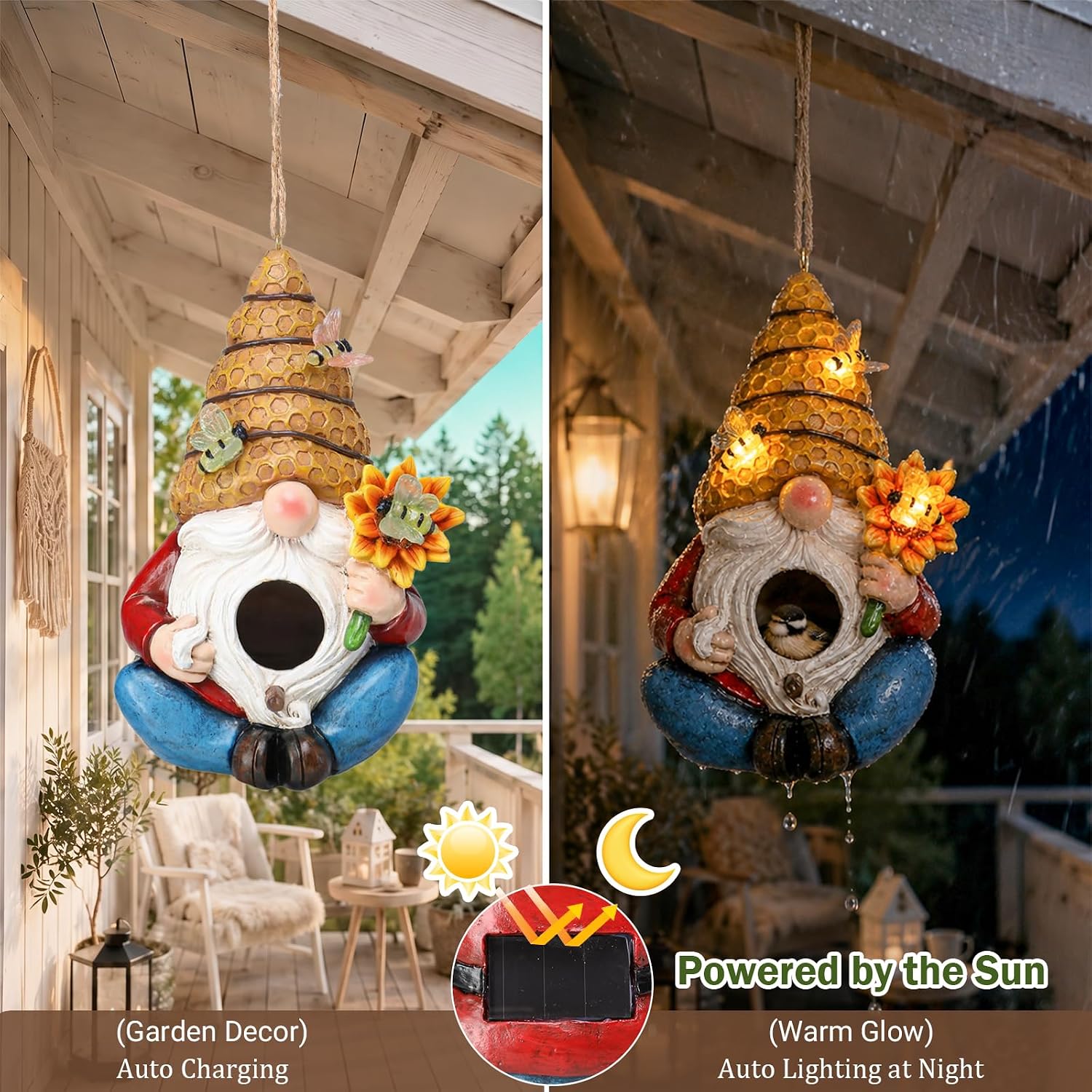 Yinns Bird House, Decorative Hanging Solar Gnome Birdhouse for Garden Decor | Birdhouses for Outdoors, Hanging Funny