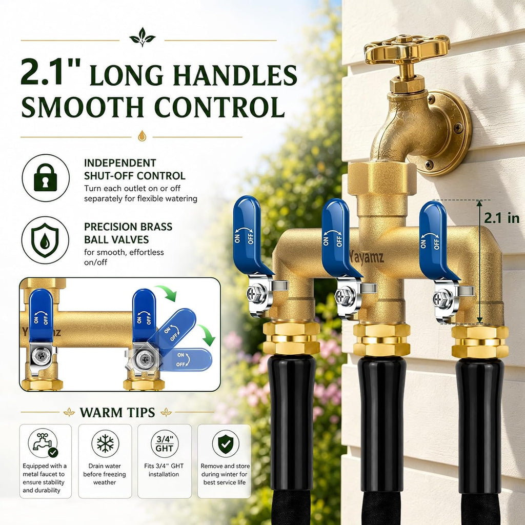 3 Way Garden Hose Splitter, 3/4" GHT Brass Hose Splitter | Wide Spacing Fits Large Timers, 90° Downward Outlets, 3/4"