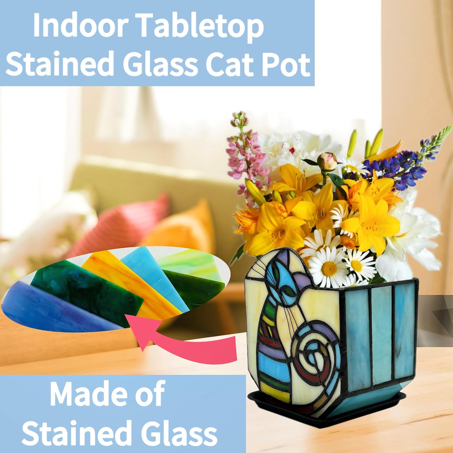 Stained Glass Cat Unique Plant Pot, Indoor Planter with Drainage and Tray,Succulent Plants Flower Pot,Cat Lover