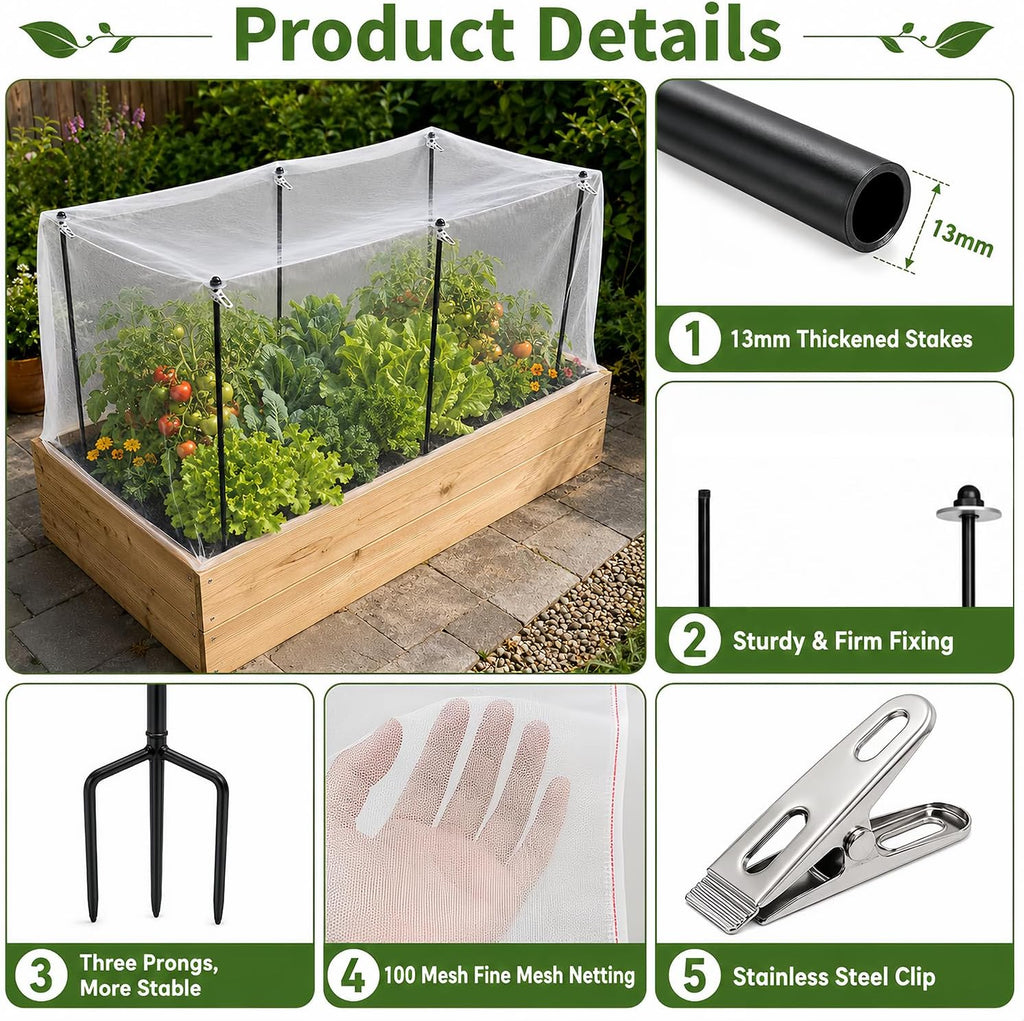 9.8×15FT Garden Netting Covers Kit for Raised Beds, 6 Pack 2.6FT Garden Poles Support Stakes with Pest Barrier Plant
