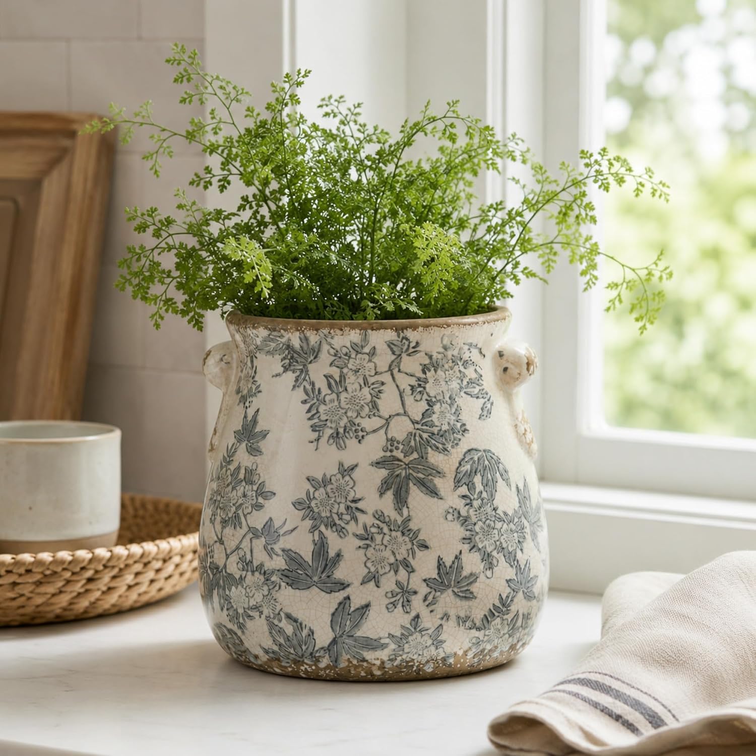 Vintage Grey Ceramic Ice Crack Glaze Flower Pot with Drainage Holes and With Handle, Country Rustic Planters for Indoor