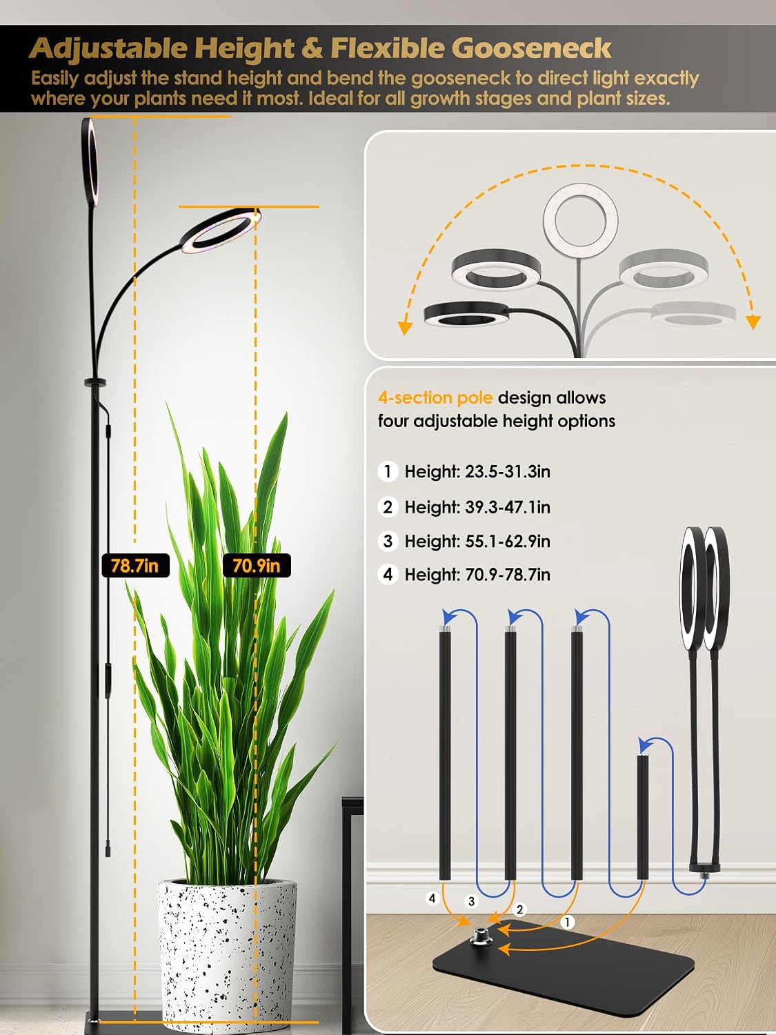 48W Grow Lights for Indoor Plants, Full Spectrum LED Plant Light with Stand | Dimmable, 3 Lighting Modes, 23"-79"