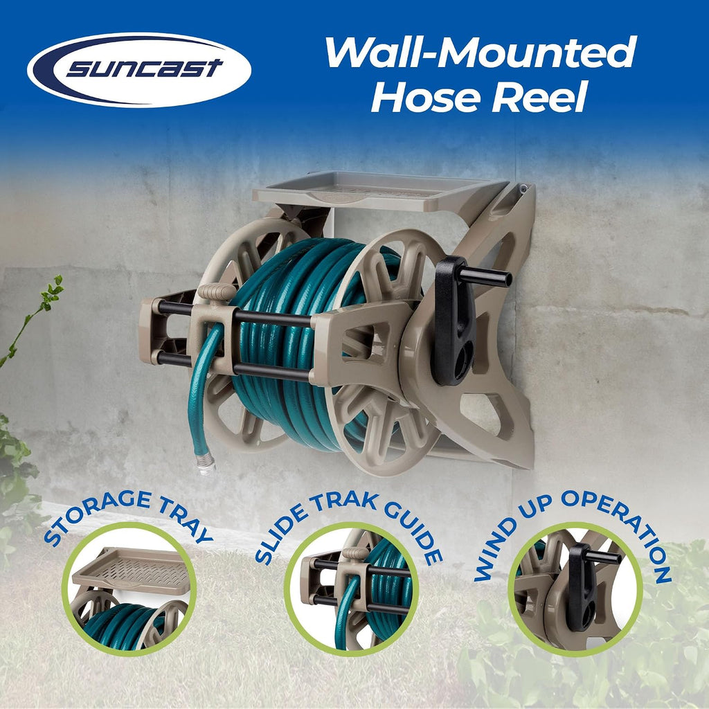 Suncast Slide Trak Garden Hose Reel, Wall-Mount Holder with Storage Tray, Dark Taupe - Outdoor Mounted Organizer for