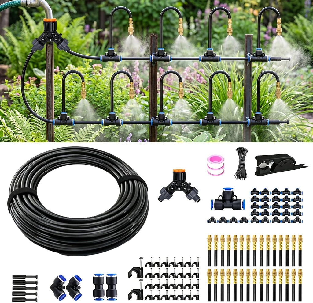 120FT Sprayer Irrigation System, Drip Irrigation Kit with 30 PCS 360° Adjustable Misting Copper Nozzles for Garden