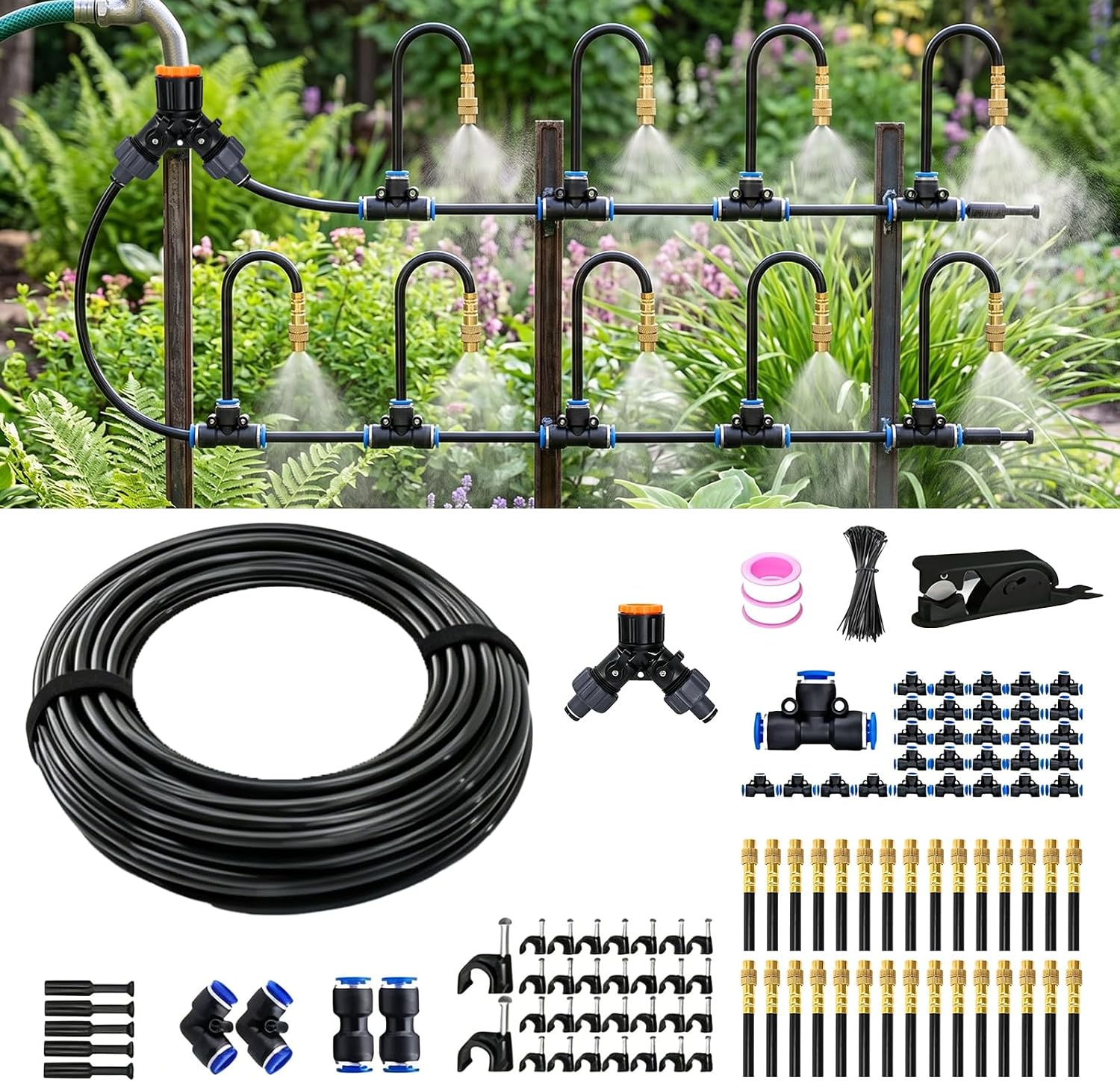 120FT Sprayer Irrigation System, Drip Irrigation Kit with 30 PCS 360° Adjustable Misting Copper Nozzles for Garden