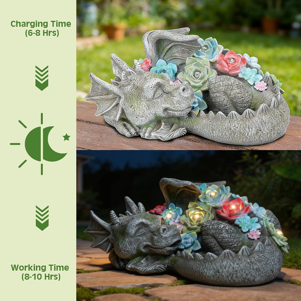 Solar Dragon Garden Statue, Sleeping Dragon with Solar Light Succulent | Coiled Dragon Figurine Solar Light, Waterproof