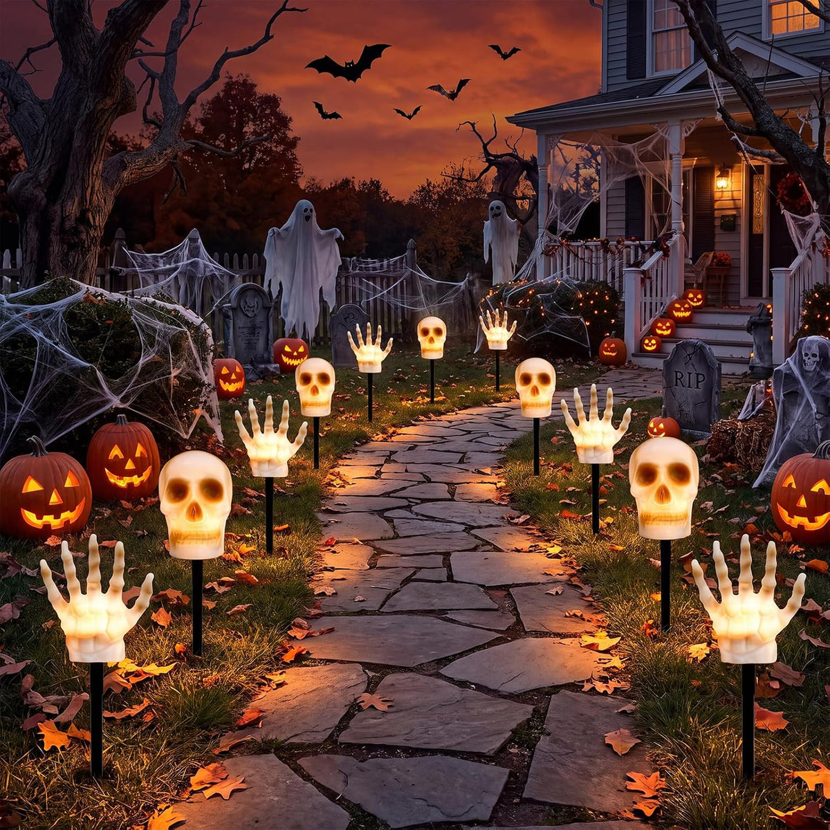 13FT Halloween Pathway Lights Outdoor, 6PK LED Skull Walkway Lights