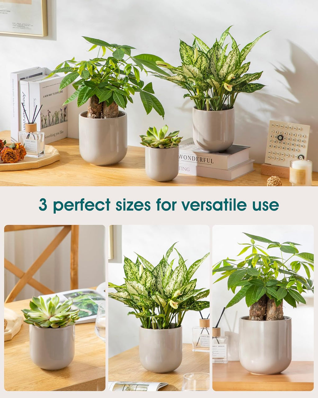 vancasso Ceramic Plant Pots, 4+5+6 inches, Set of 3, Planters with Drainage Hole, Flower Pots Planters Pots for Indoor