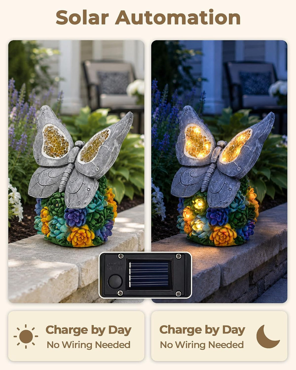 Solar Butterfly Garden Statue, Resin LED Outdoor Decor | Crackled Glass Wings, Succulent Base, Hand-Painted Detail