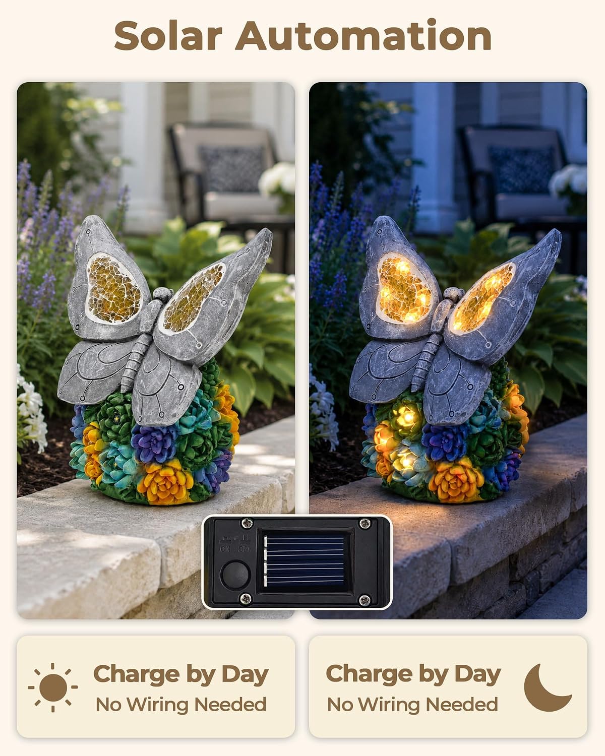 Solar Butterfly Garden Statue, Resin LED Outdoor Decor | Crackled Glass Wings, Succulent Base, Hand-Painted Detail