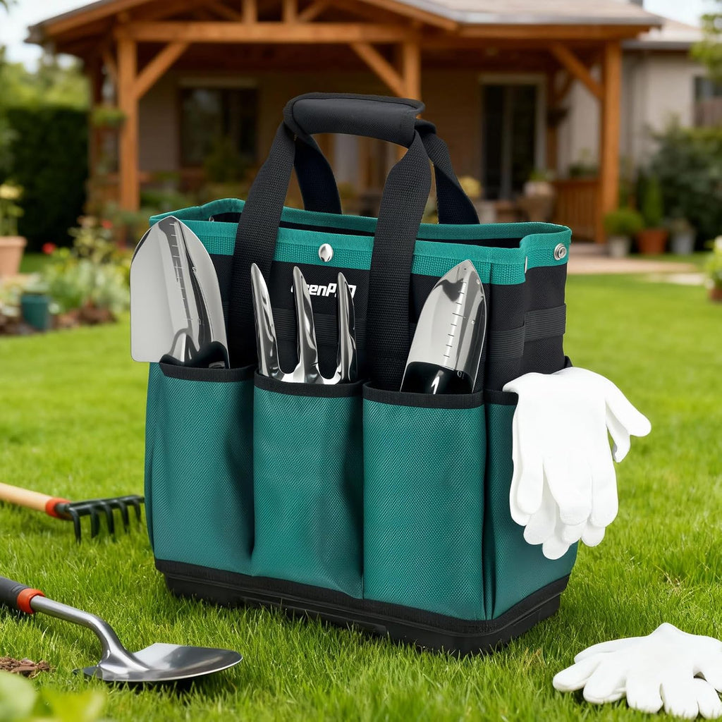 GRENPRO Heavy Duty Garden Tool Bag, Molded Bottom, 10 Pockets, Dark Green | Reinforced garden organizer tote stands