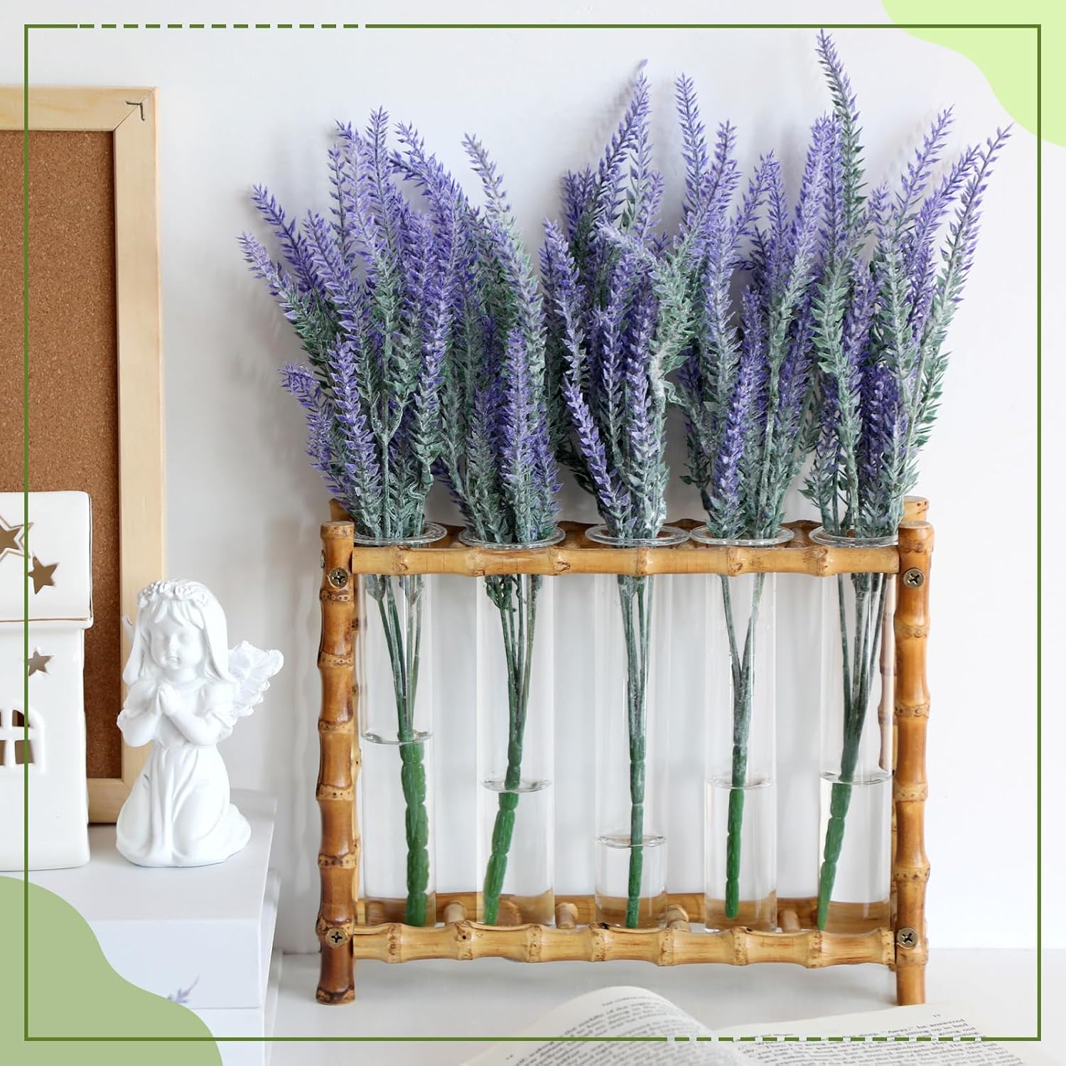 Natural Bamboo Vase with 5 Glass Tubes, Plant Propagation Station with Test Tube, Hydroponic Plants Cutting, Modern Art
