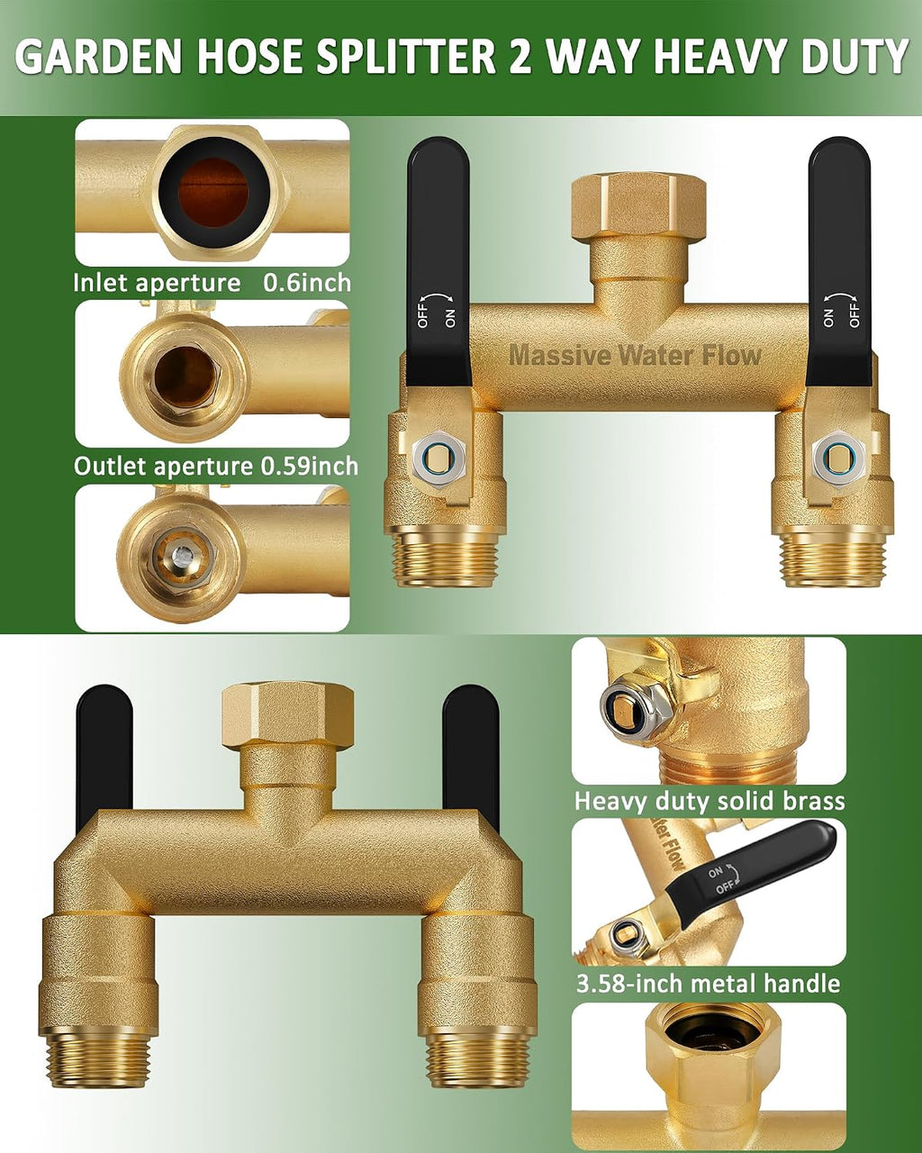 Hose Splitter 2 Way Heavy Duty, Full Flow Garden Hose Splitter with 2 Long Metal Handles, Brass Rust and Freeze