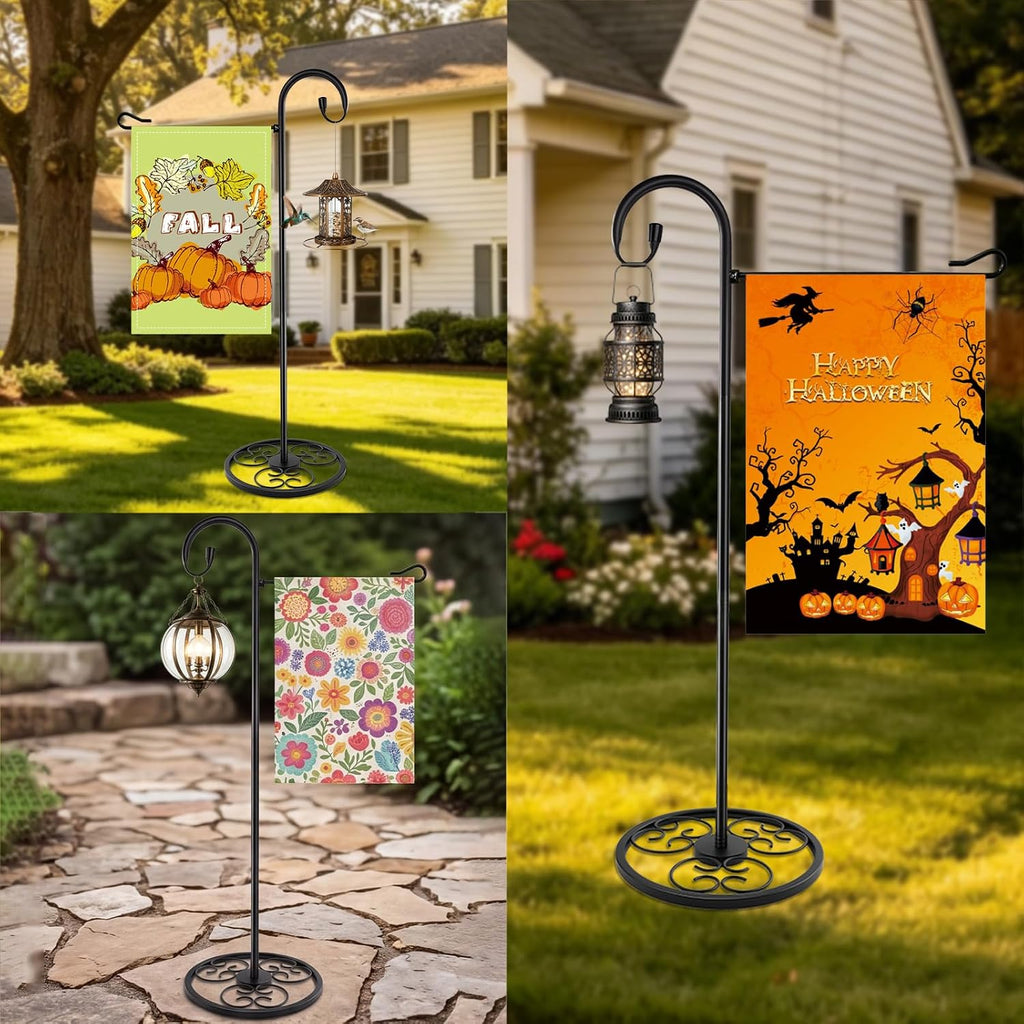 53" Heavy Duty Garden Flag Stand & Shepherds Hook, Scrollwork Anti-Tip Base | All-Weather Rustproof Coating Tool-Free