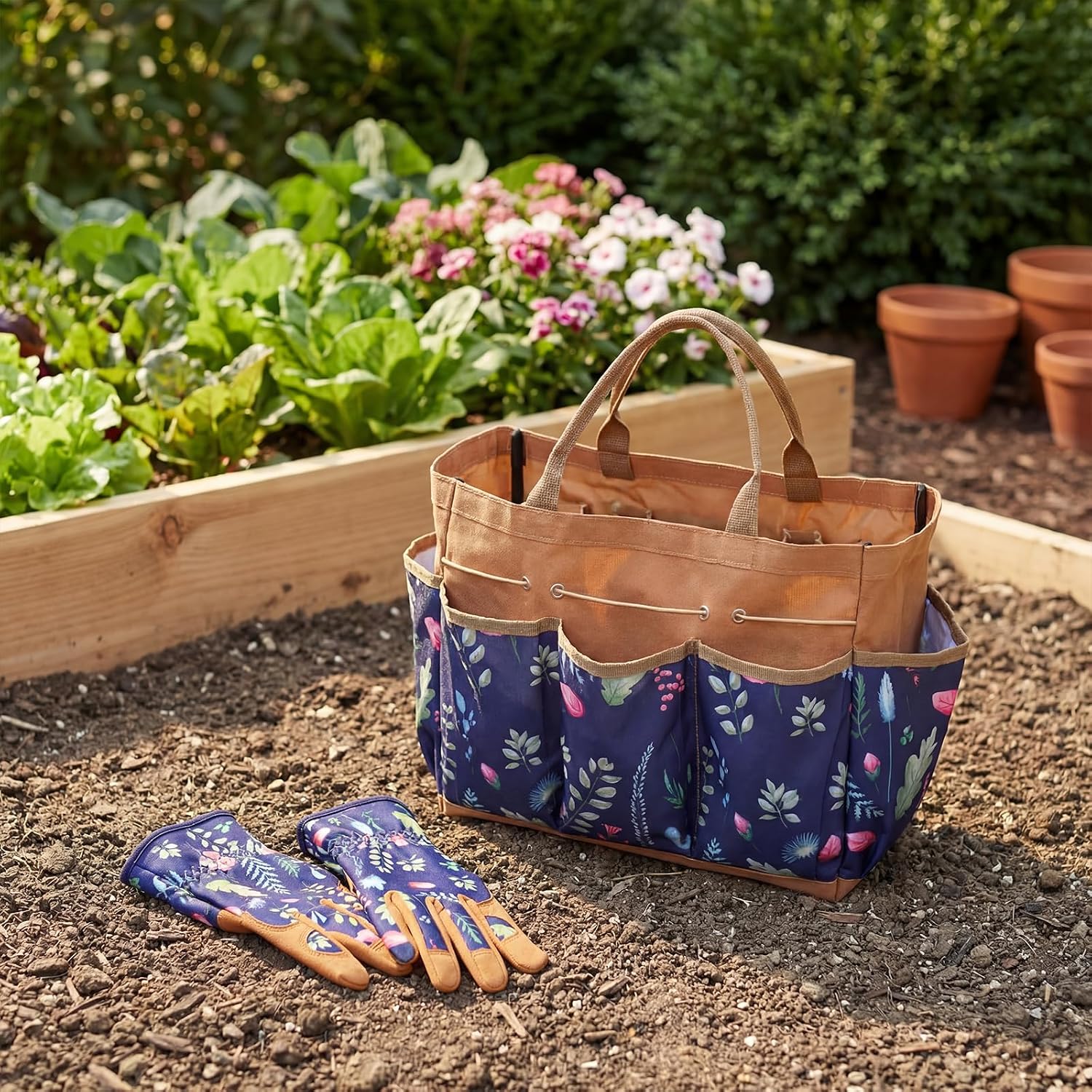 2 Pcs Large Floral Tote Bag and Garden Gloves,Classic,Brown | Heavy Duty Gardening Tools Gifts for Women, Thorn