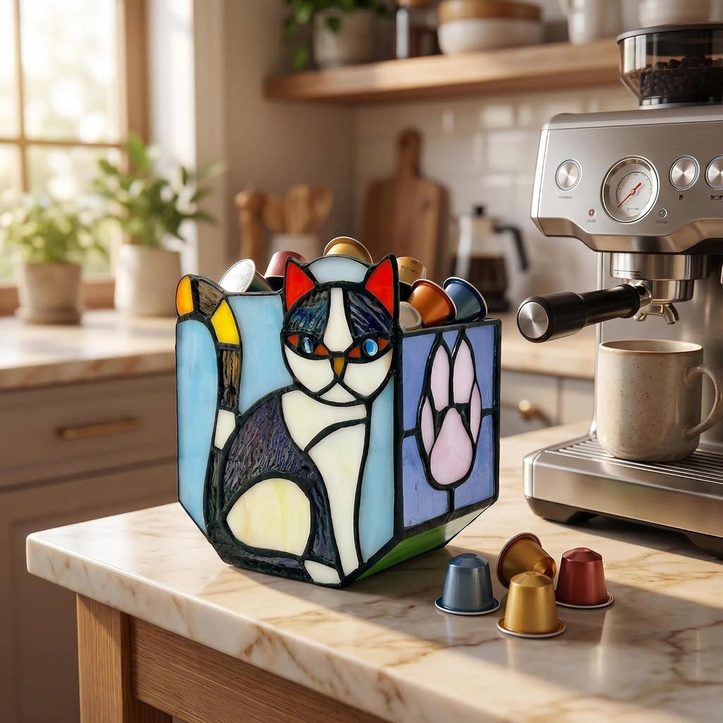 Handmade Stained Glass Indoor Plant Pot,Flower Pots with Drainage Holes,Black Orange Cat Planter Pot, Cute Succulent