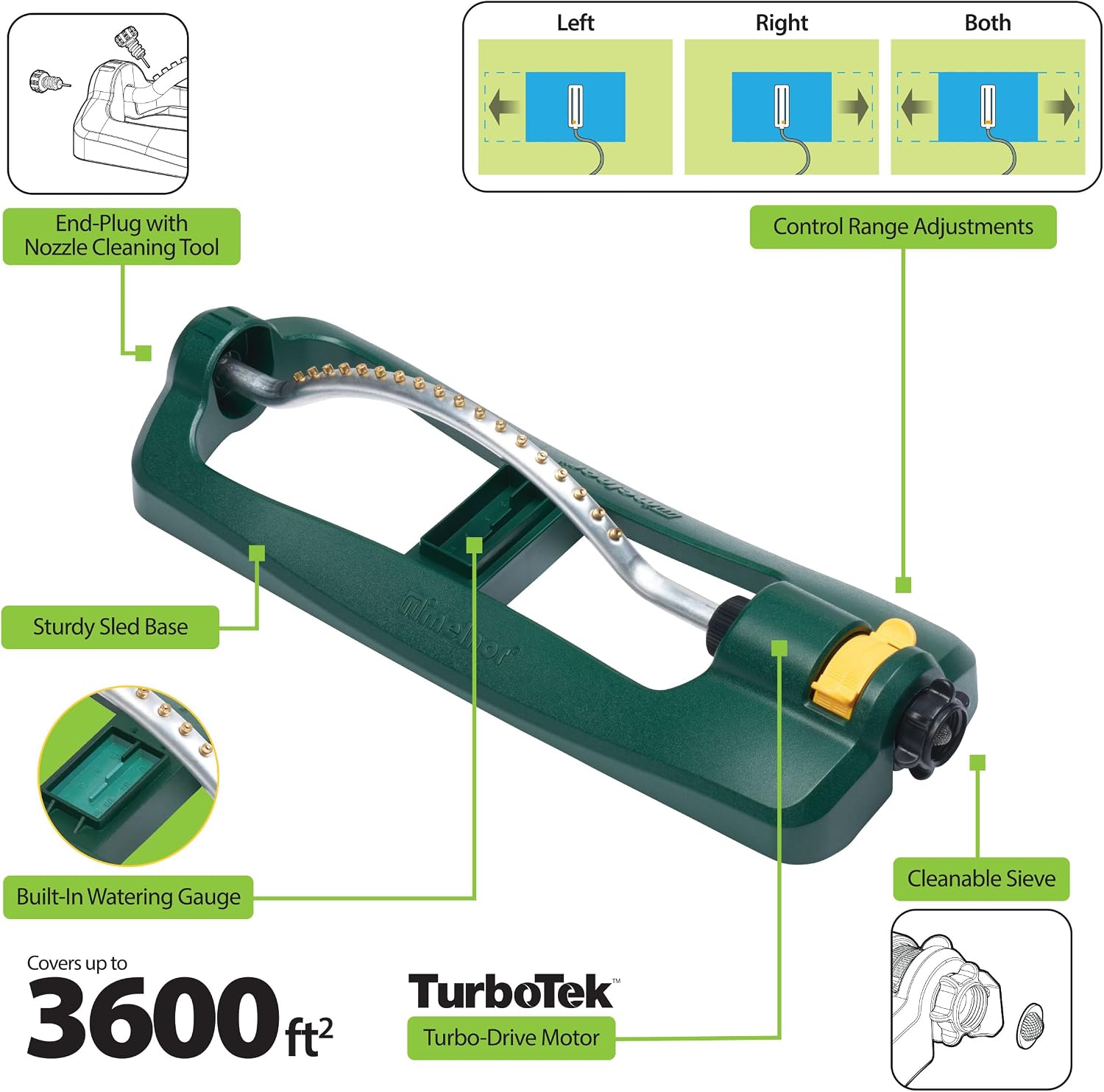 Melnor 65132AMZ Turbo Oscillating Sprinkler with Watering Gauge, Covers Up to 3,600 Sq. Ft., 18 Brass Nozzles