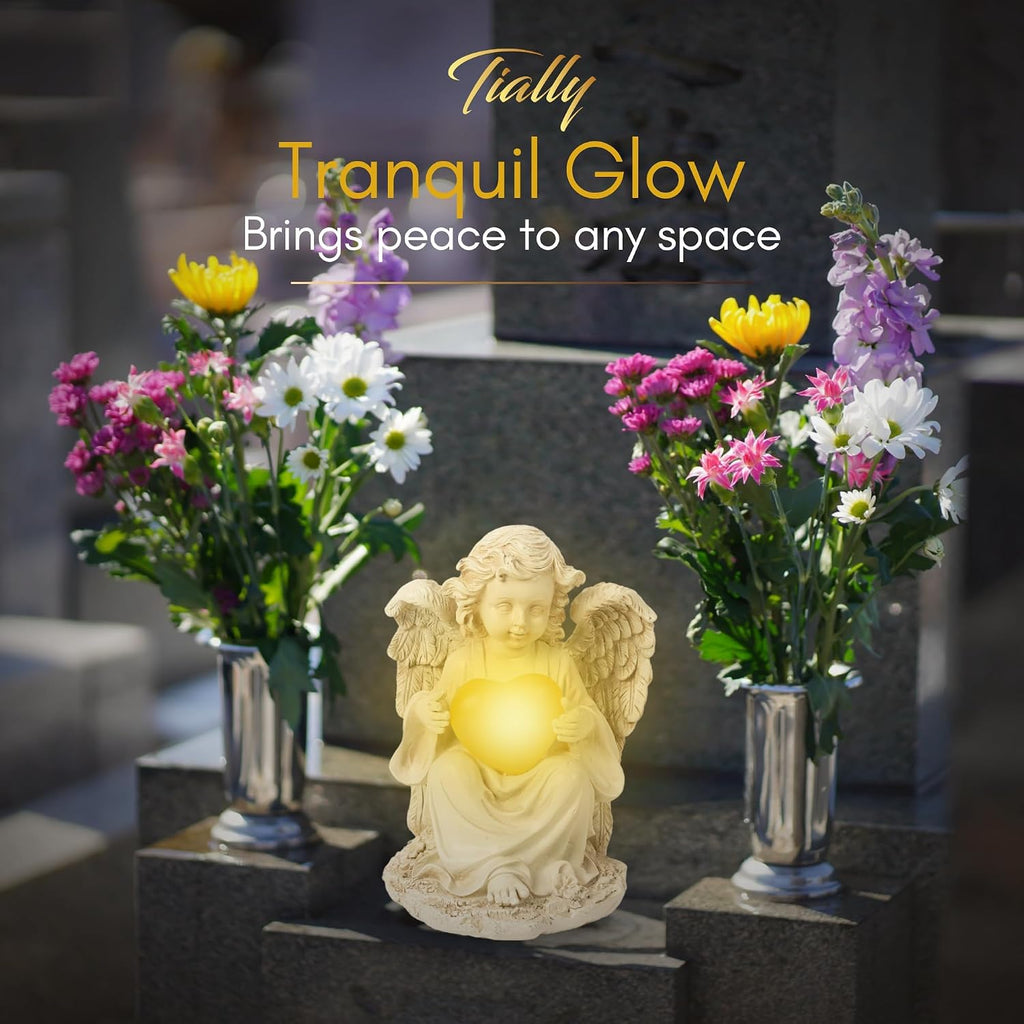 Solar Angel Garden Statue, 8" Guardian Memorial Outdoor Light | Glowing Lighted Heart, Bright Every Night, Weatherproof