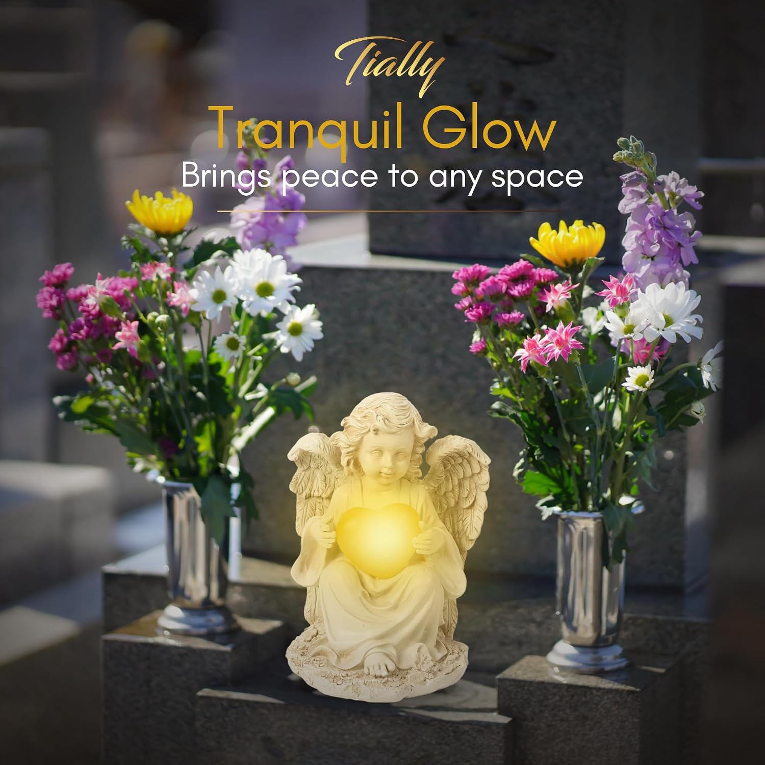 Solar Angel Garden Statue, 8" Guardian Memorial Outdoor Light | Glowing Lighted Heart, Bright Every Night, Weatherproof