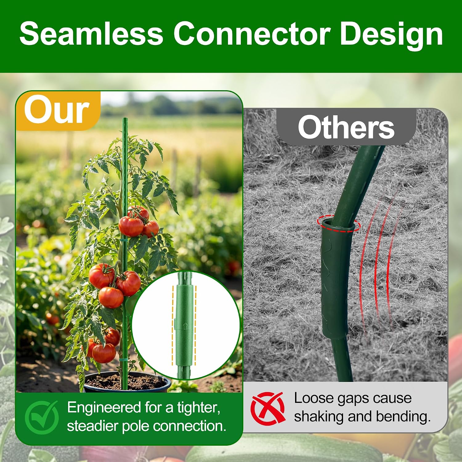 WAENLIR Garden Stakes16 Inch 48 Pack, Tomato cage DIY 4ft 5ft 6ft 7ft 8ft Plant Support Stakes with Connectors and