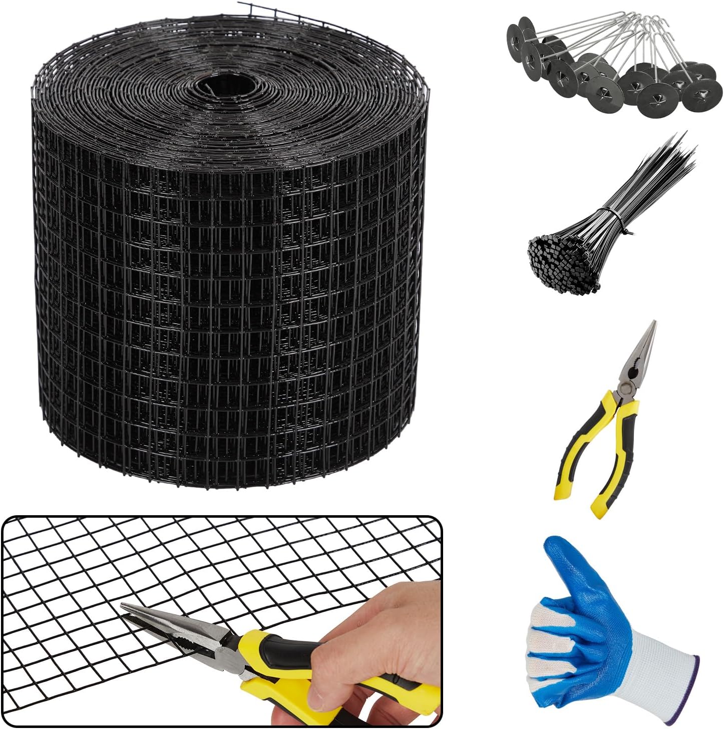 6in x 50ft Solar Panel Bird Guard & Critter Guard Mesh Kit, PVC Coated Wire Mesh Bird Wire with 60 Clips, 100 Cable