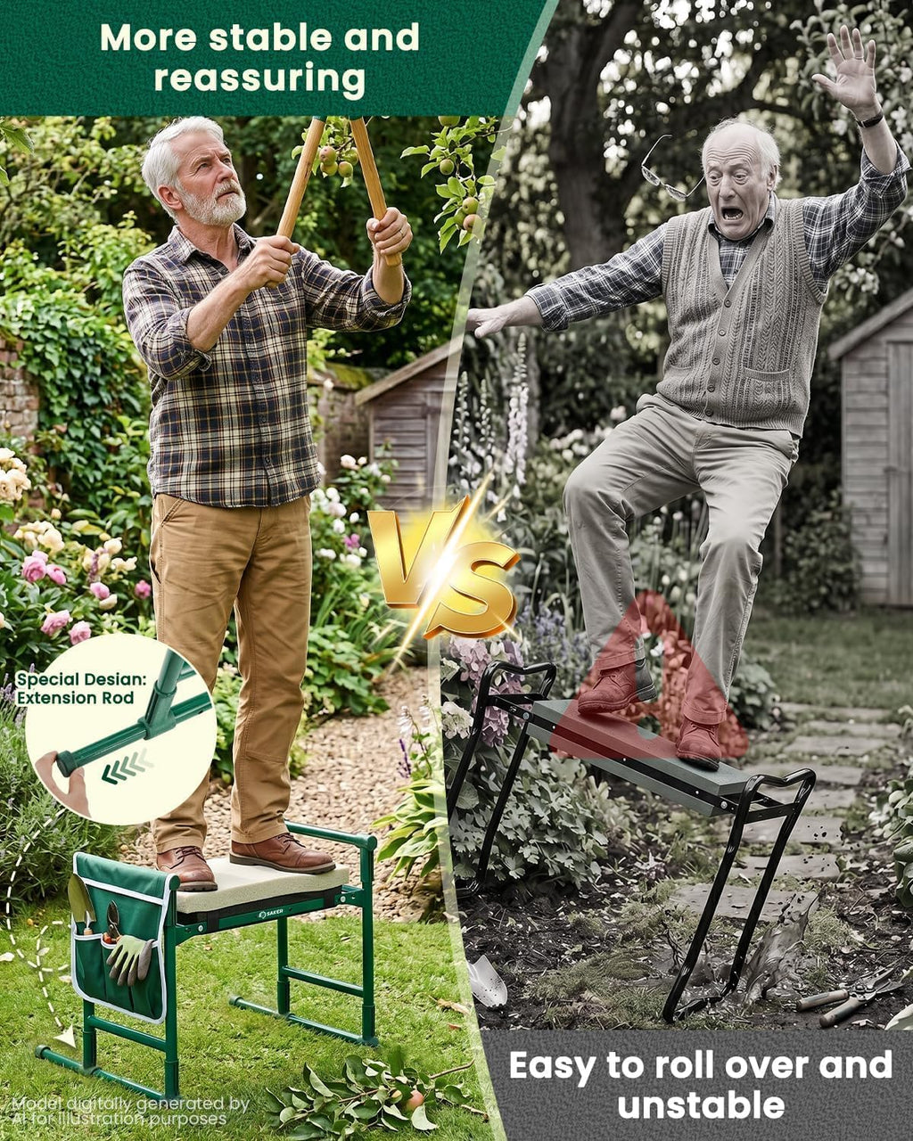Saker 2026 Upgraded Garden Kneeler and Seat with 500LB Frame & Soft Pad | Foldable Stool, Heavy-Duty Steel, Comfortable