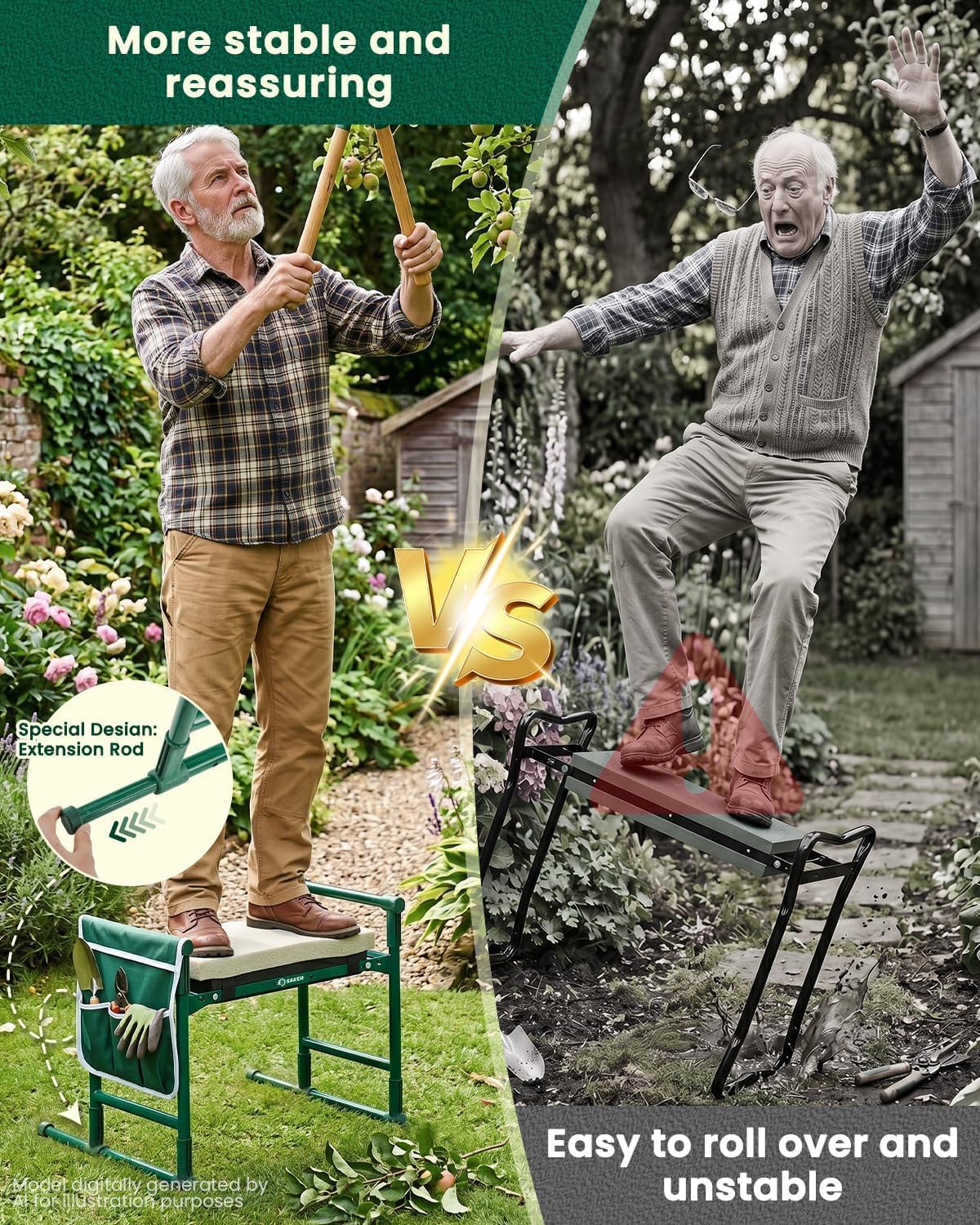 Saker 2026 Upgraded Garden Kneeler and Seat with 500LB Frame & Soft Pad | Foldable Stool, Heavy-Duty Steel, Comfortable