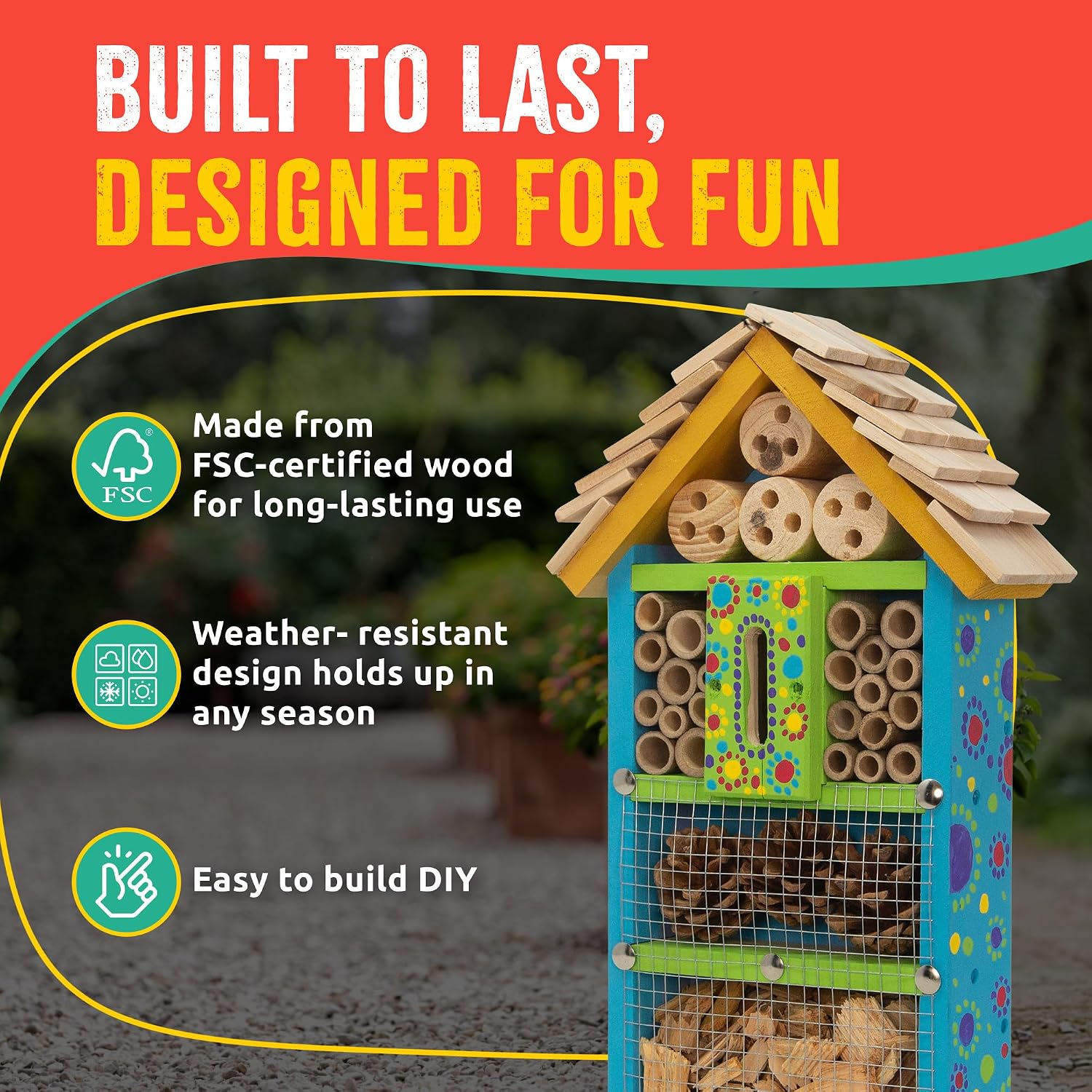 Premium Bug Hotel Kit for Kids, Easy Wood Bug House Kits | Bug House for Kids with Tools, Paints & Glue, Insect Hotel