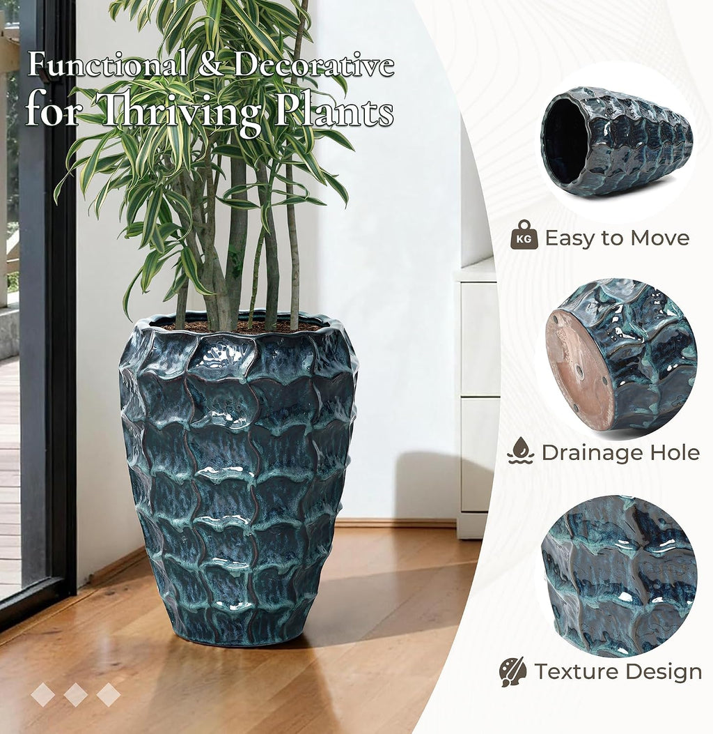 LuxenHome 17.7" Blue Ceramic Plant Pot, Tall Planter with Geometric Texture | Large Plant Pot, Flower Pots with