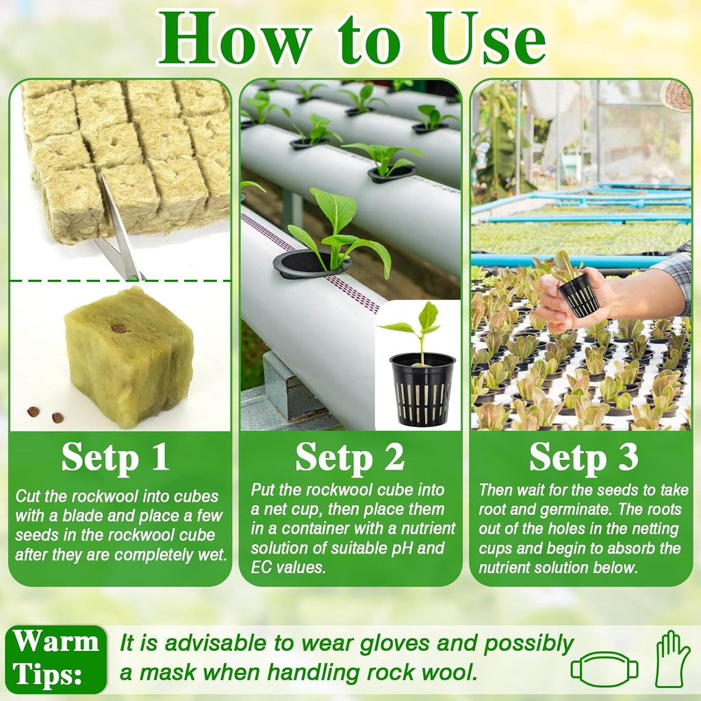 Halatool 144PCS 1.2" Rockwool Cubes & 120PCS 2" Net Cups for Hydroponics | Rockwool Garden Starter Plugs, Hydroponics