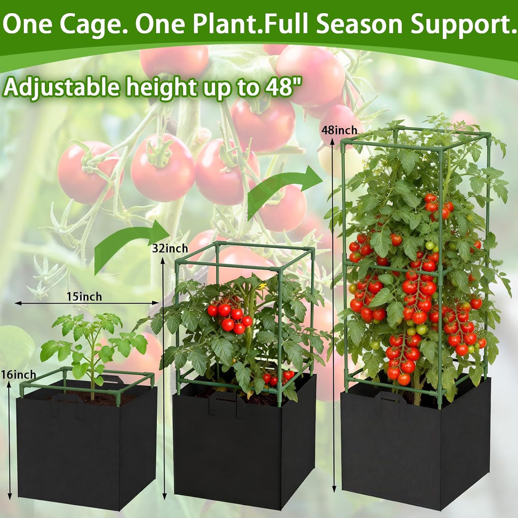 Tomato Cages for Garden, Tomato Planter with Trellis, 48in Tall Square Tomato Trellis with 18 Gallon Grow Bags, Patio &