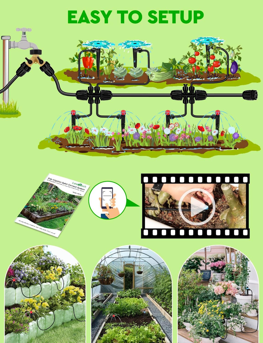 250FT Drip Irrigation System for Garden - 50FT 1/2" Main Tube & 200FT 1/4" Branch Tubing, Brass Splitter, Quick Connect