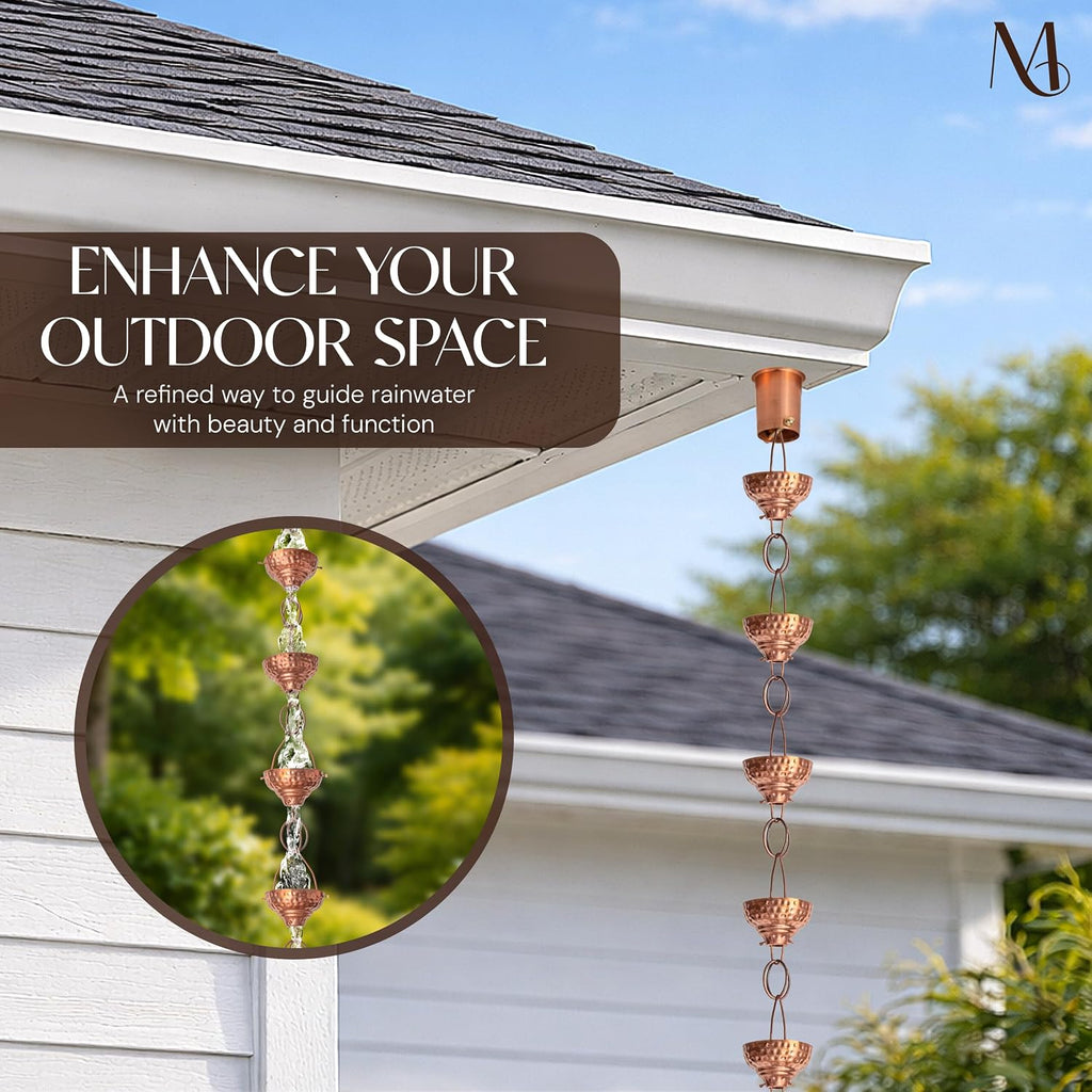 Monarch Rain Chains Pure Copper Eastern Cups Rain Chains for Gutters – 8.5 ft Decorative Rainchain Outdoor Durable