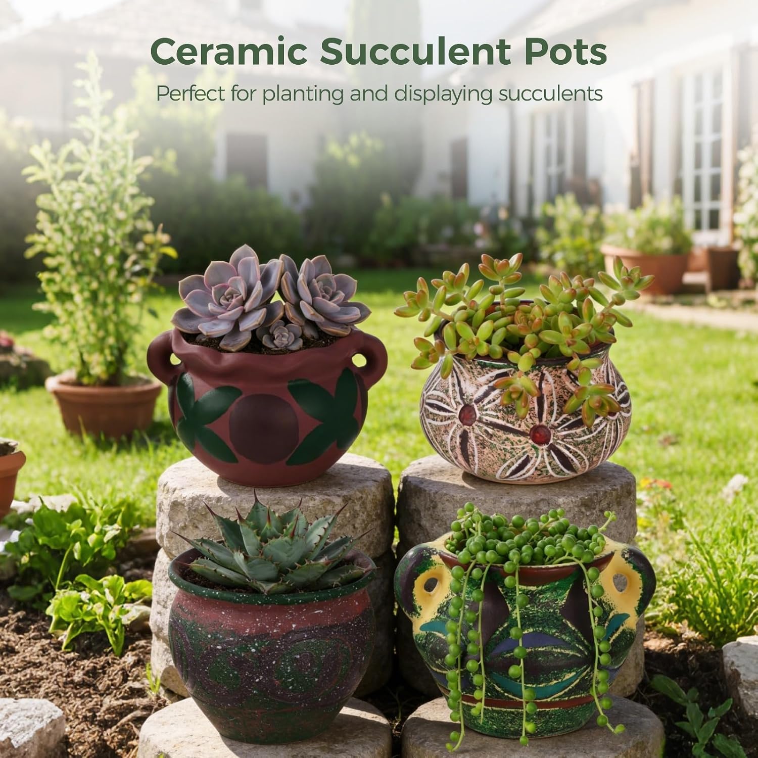 4 Pcs Ceramic Plant Pots, 5.1/4 / 5.2/3.9 in Small Succulent Pots with Drainage Hole, Decorative Flower Pots, Bohemian