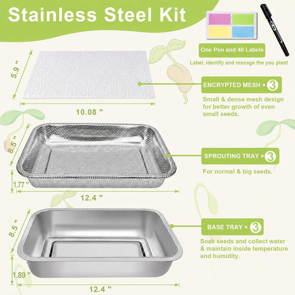 Microgreens Growing Kit 3-Tier 12.4 Inch Sprouting Trays | Stainless Steel Seed Sprouter with 0.3mm Encrypted Silicone