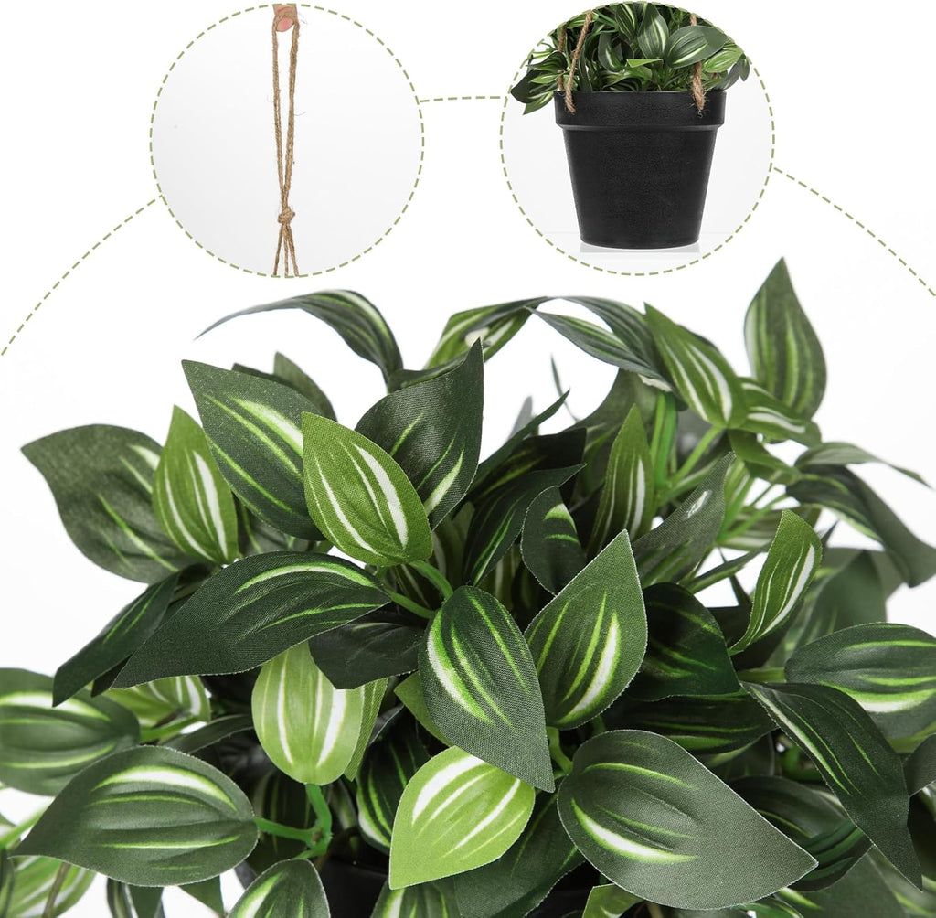 Briful Artificial Hanging Plants in Black Pot 17.7" Lifelike Trailing Faux Watermelon Peperomia Silk Plant with