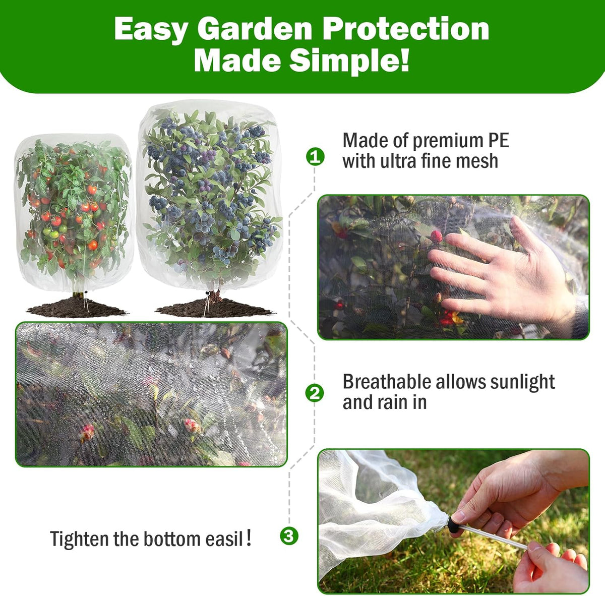 4 Pack Garden Mesh Netting for Plants 2.6x3.3ft - 3.3x4.9ft Insect Bird Netting Pest Barrier Bag with Drawstring 2 Size