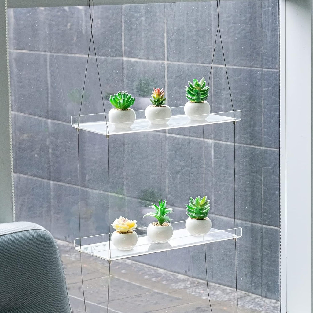 Sumerflos 2-Tier Acrylic Window Boxes Plant Shelves for Window of Kitchen, Bedroom, Living Room, 16 Inch Wall Flower