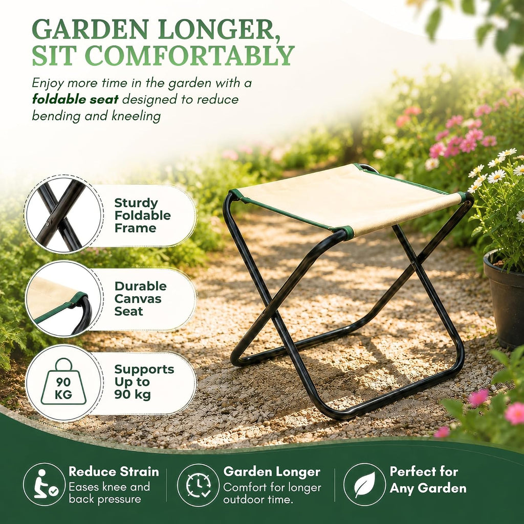 7-Piece Gardening Tool Set with Folding Stool and Storage Tote Bag, Stainless Steel Garden Tools with Wooden Handles