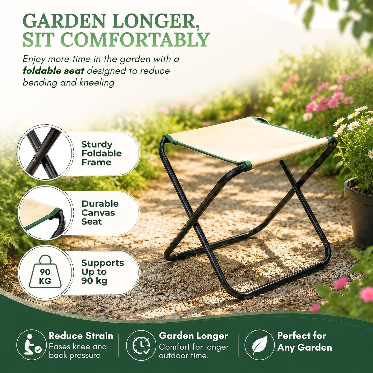 7-Piece Gardening Tool Set with Folding Stool and Storage Tote Bag, Stainless Steel Garden Tools with Wooden Handles