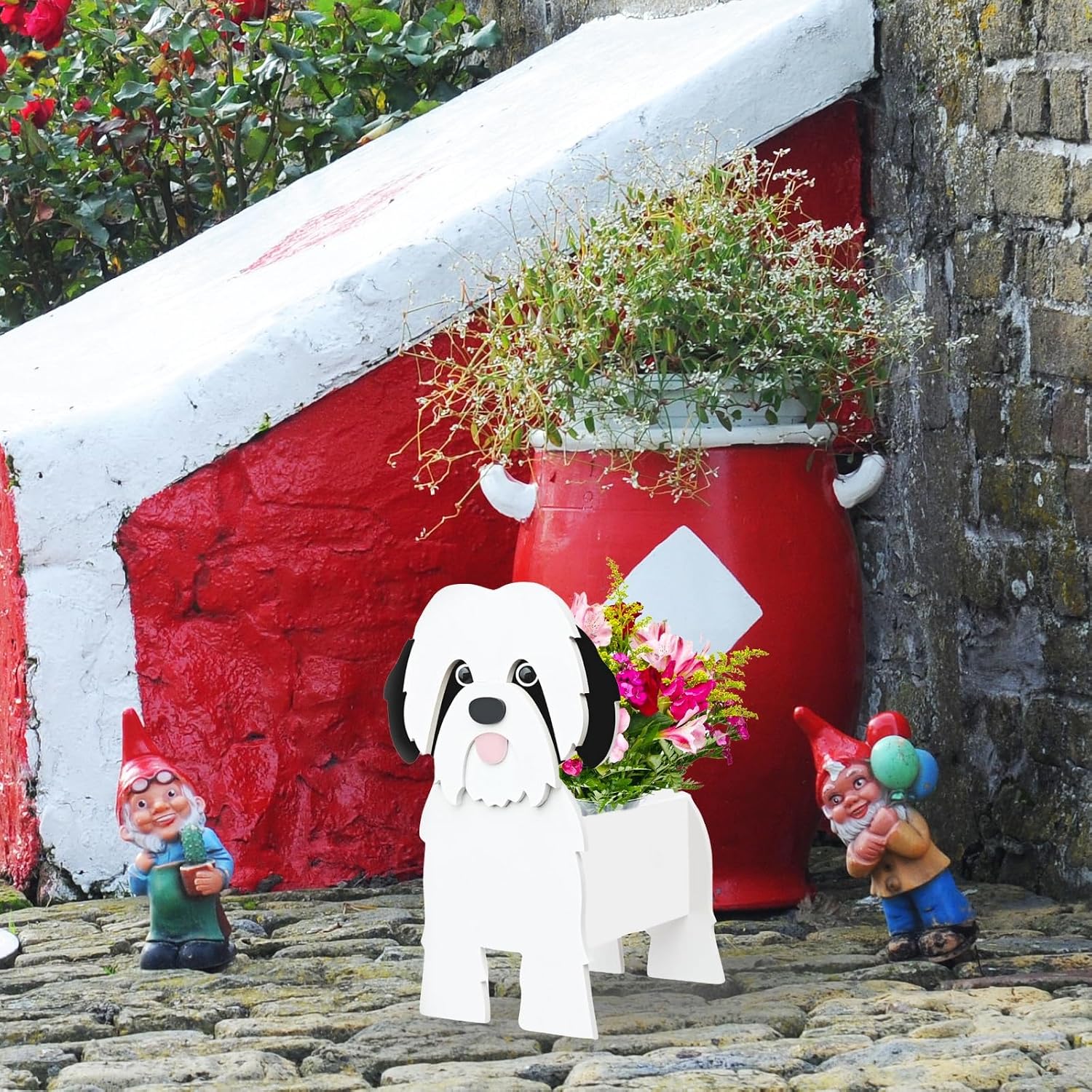 Black and White Shih Tzu Dog Planter, Animal Shaped Flower Pot | Cute Plant Gift for Women and Pet Lovers, Indoor